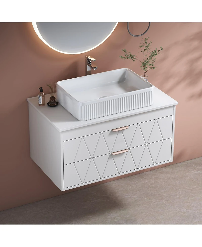 Sillysis Floating Bathroom Vanity with Ceramic Vessel Sink, 2 Soft-Close Drawers, Modern Solid Wood Wall Mounted Cabinet