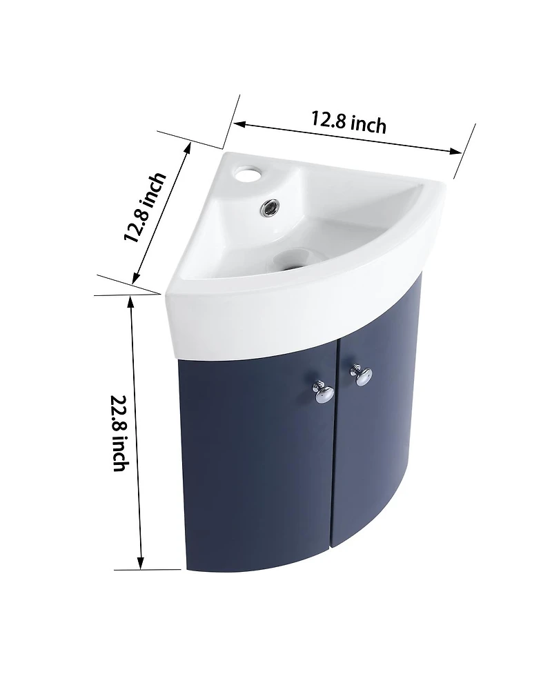 Sillysis Corner Bathroom Vanity with Sink, Wall Mounted Ceramic Basin, Soft Closing Doors, Pre-assembled for Small Spaces