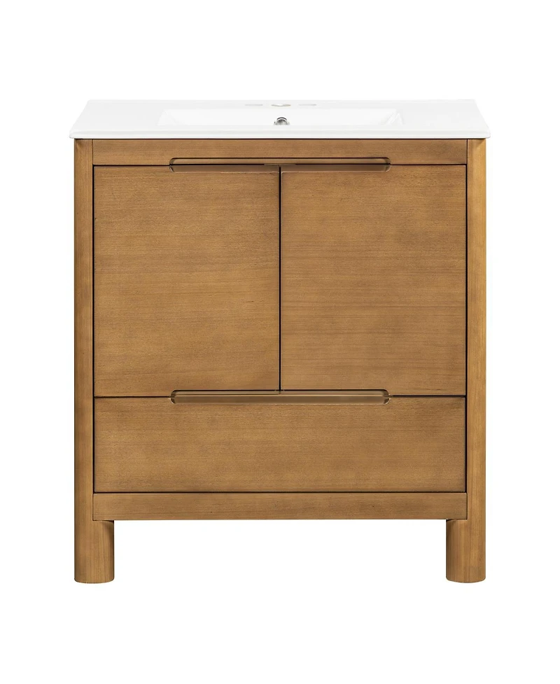 Sillysis 30" Modern Bathroom Vanity with Ceramic Sink, Soft Close Doors, Spacious Storage Drawer, Natural Freestanding Cabinet