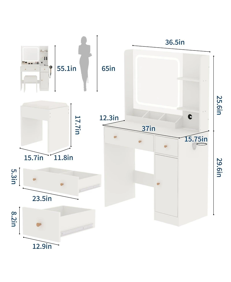 gaomon Makeup Vanity Set with 3-Mode Led Mirror, Stool