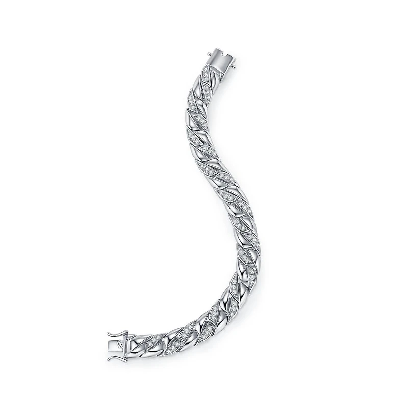Men's Sterling Silver Iced Out Cubic Zirconia Braided Cuban Chain Bracelet