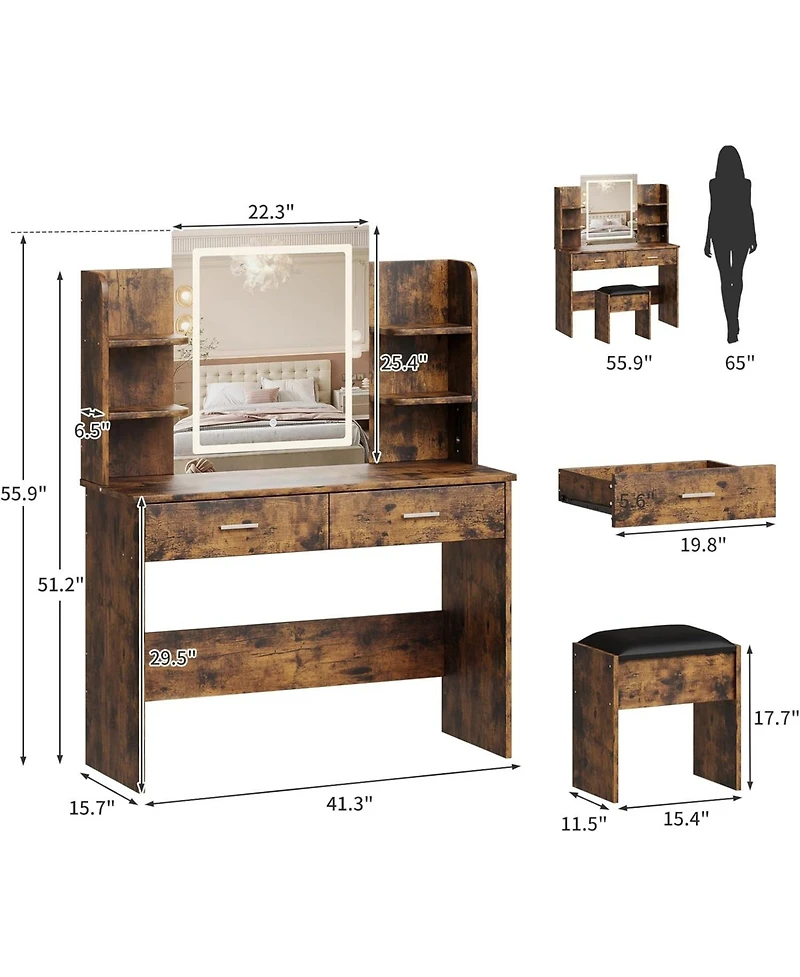 gaomon Vanity Desk with Mirror and Lights, Makeup Vanity Desk with Lights 3 Colors, Makeup Table with 2 Drawers