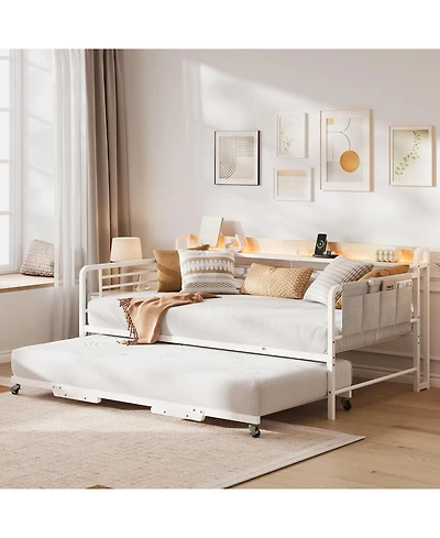gaomon Daybed with Trundle Bed, Twin Bed Frame with Storage Headboard & Charging Station and Led Light, Heavy Duty Metal Day Bed Pop Up Trundle Bed