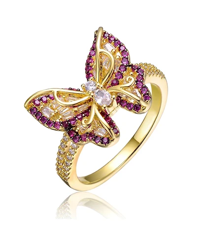 Ra Young Adults/Teens 14k Yellow Gold Plated with Purple & Cubic Zirconia Butterfly Split Top Ring