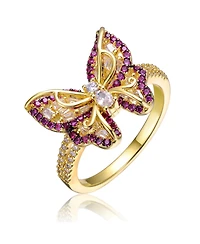 Ra Young Adults/Teens 14k Yellow Gold Plated with Purple & Cubic Zirconia Butterfly Split Top Ring