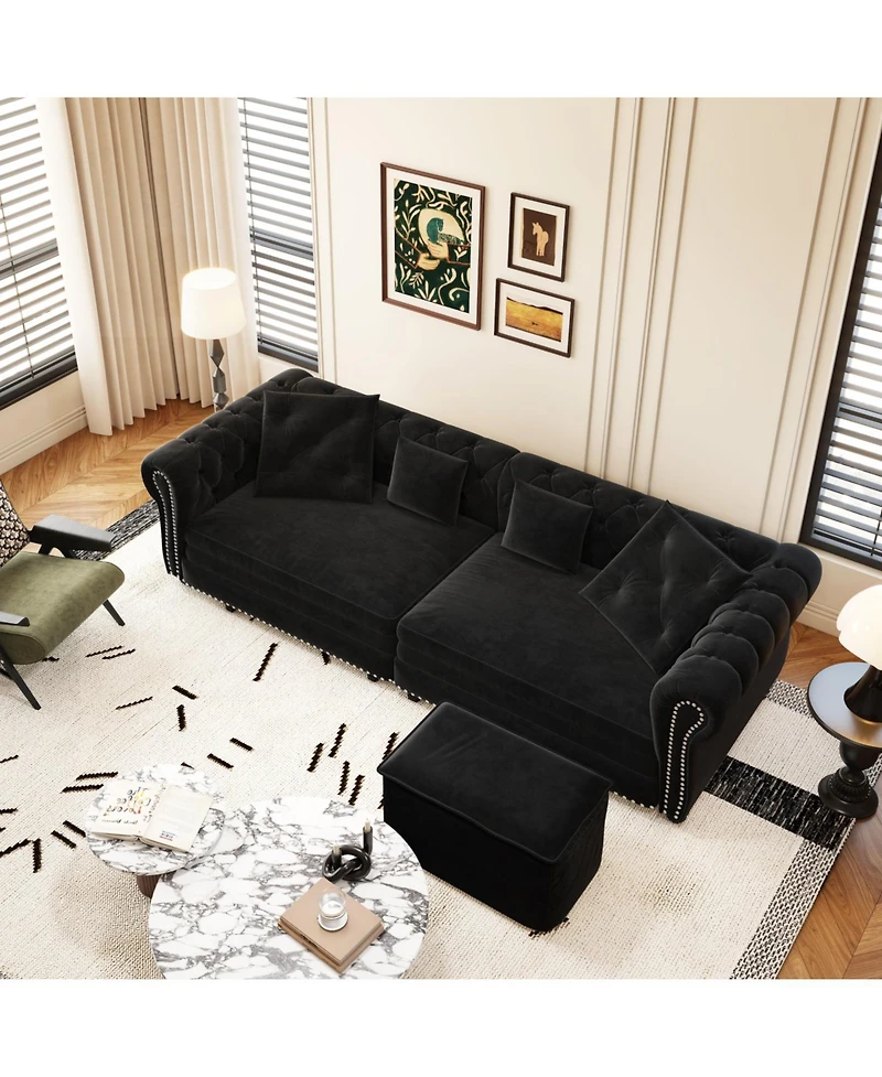 Streamdale Furniture Chesterfield Velvet Pull-Out Sofa Bed with Ottoman