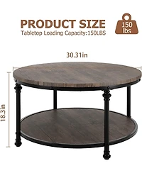 gaomon Round Rustic 2-Tier Wood Coffee Table with Metal Legs and Storage Shelf