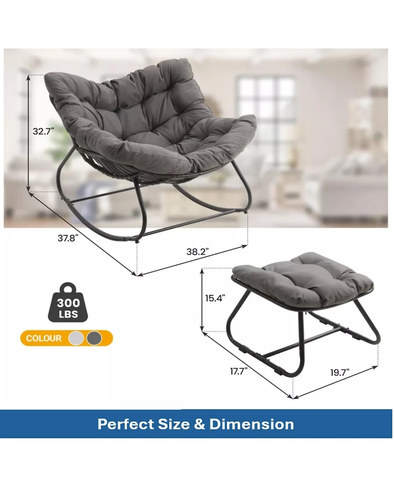 Mondawe Egg Rocking Chair & Ottoman Set with Cushions, All-Weather Wicker Lounge