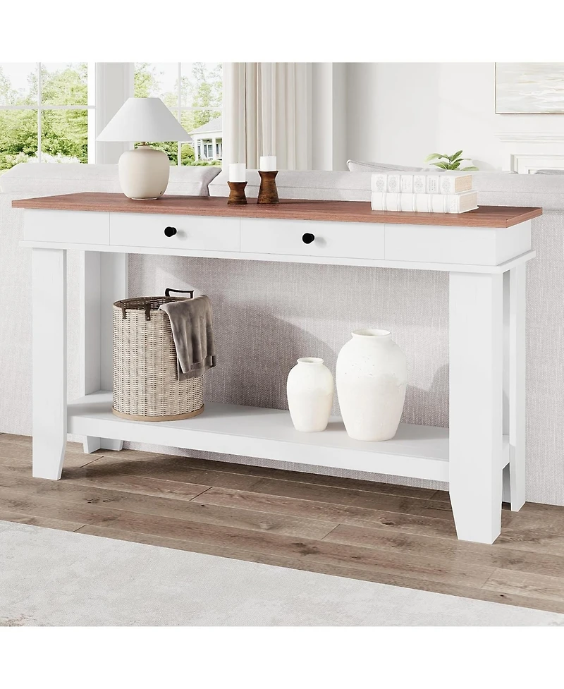 gaomon 54" Farmhouse Rectangular Wooden Console Table with Drawers and Open Shelf