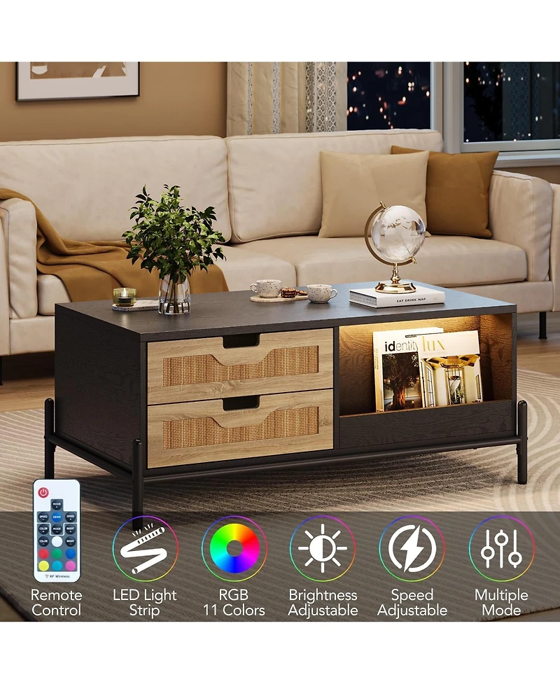 gaomon Rectangular Modern Coffee Table with Led Lights, Open Shelf and 4 Drawers