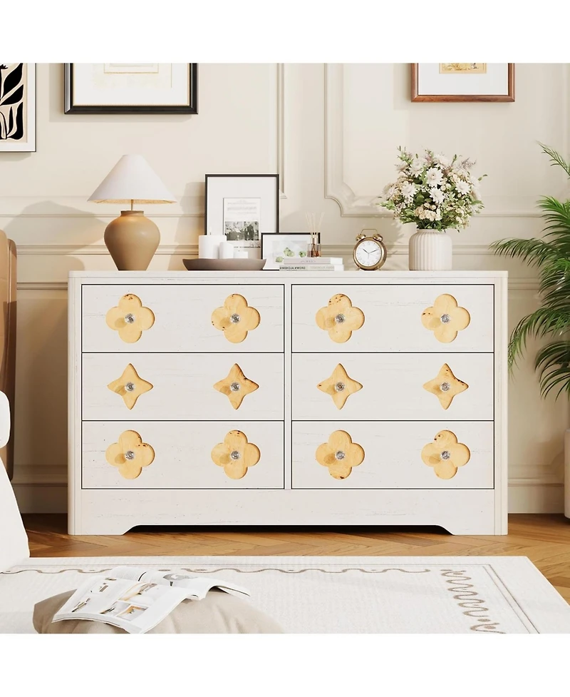 gaomon Fluted 6-Drawer Dresser for Bedroom, 47.4" Wide Wooden Chest with Large Storage & Tv Stand Use
