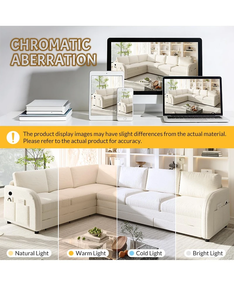Streamdale Furniture Streamdale L-Shaped Sofa Couch with Pull-Out Bed & Usb Port, Teddy Upholstered Sectional