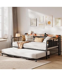 gaomon Daybed with Trundle Bed, Twin Bed Frame Storage Headboard & Charging Station and Led Light, Heavy Duty Metal Day Pop Up