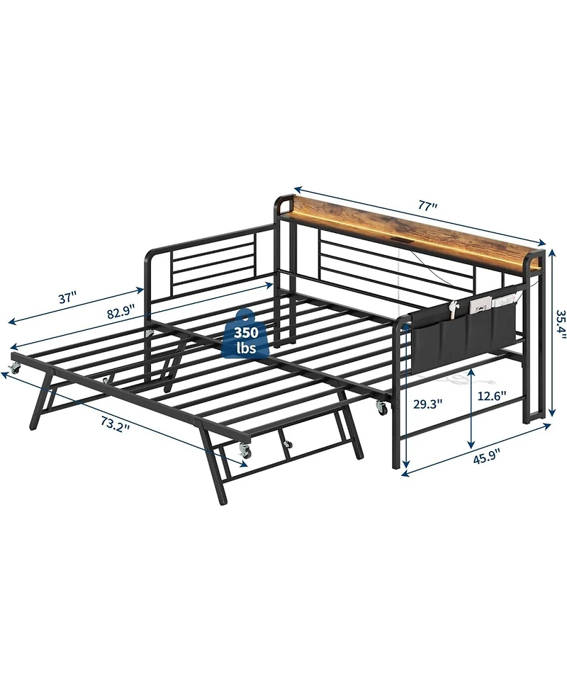 gaomon Daybed with Trundle Bed, Twin Bed Frame Storage Headboard & Charging Station and Led Light, Heavy Duty Metal Day Pop Up