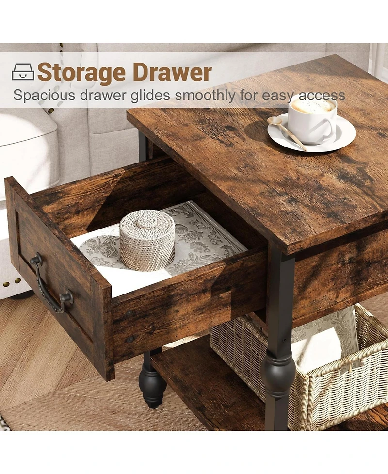 gaomon Set of 2 Industrial End Tables with Wooden Top, Drawer and Storage Shelf
