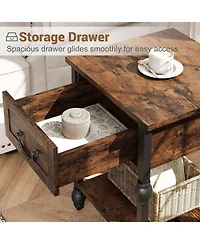 gaomon Set of 2 Industrial End Tables with Wooden Top, Drawer and Storage Shelf