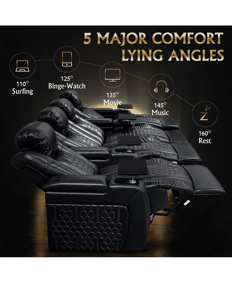 Streamdale Furniture Power Recliner 4 Pc, Top-Grain Nappa, Adjustable, Smart Charging, Rgb Led