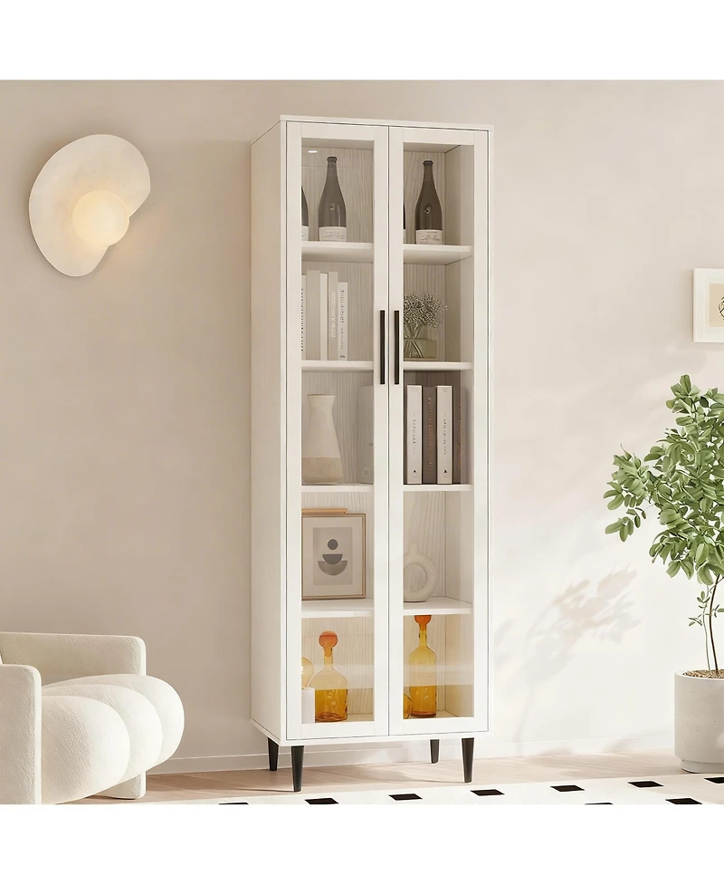 Yigii 71" Glass Door Bookshelf 5-Tier Display Cabinet Narrow Storage