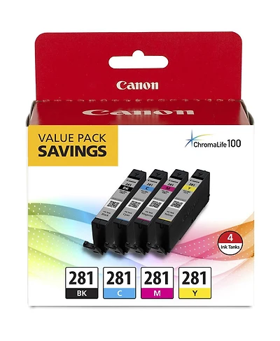 Canon Cli-281 Bkcmy Combo 4-Pack of Black, Cyan, Magenta, and Yellow Ink Tanks for Select Pixma Tr, Ts Series Printers
