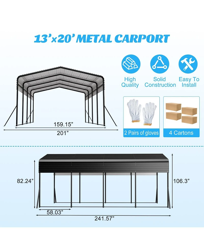 Streamdale Furniture 13x20 Ft Metal Carport w/ Reinforced Frame & 4 Poles, Steel Roof Shelter