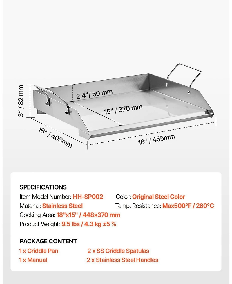 Ecooso 18 x 16 Inch Stainless Steel Griddle Plate for Gas Grill with Handles