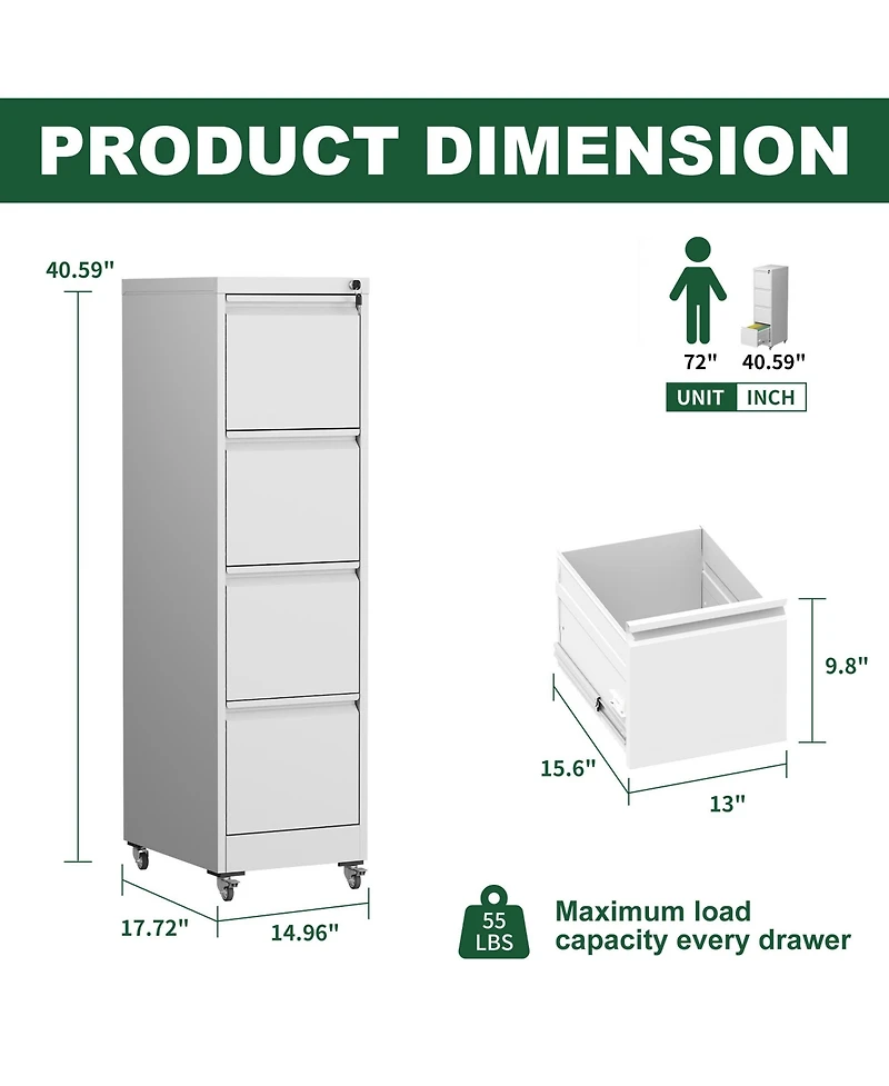 Rainsken 4 Drawer Metal Locking Vertical File Cabinet on Wheels