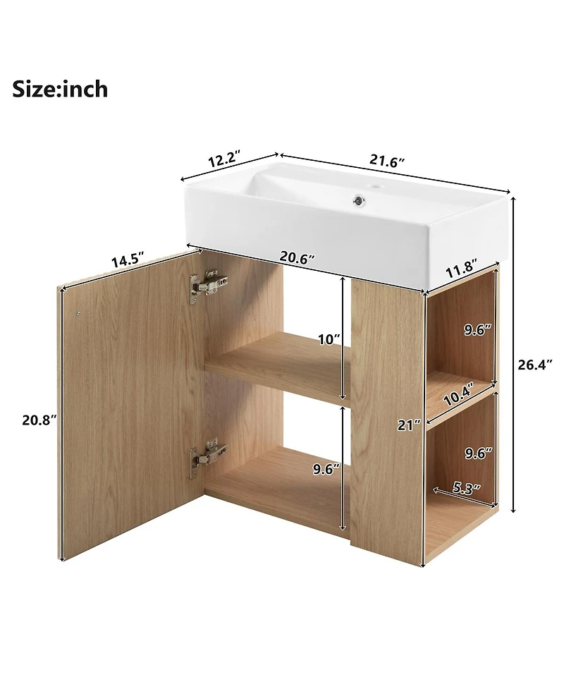Sillysis 21.6'' Natural Floating Bathroom Vanity with Ceramic Sink, Right Side Storage, Soft Close, Modern Wall Mounted Cabinet