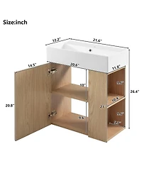 Sillysis 21.6'' Natural Floating Bathroom Vanity with Ceramic Sink, Right Side Storage, Soft Close, Modern Wall Mounted Cabinet