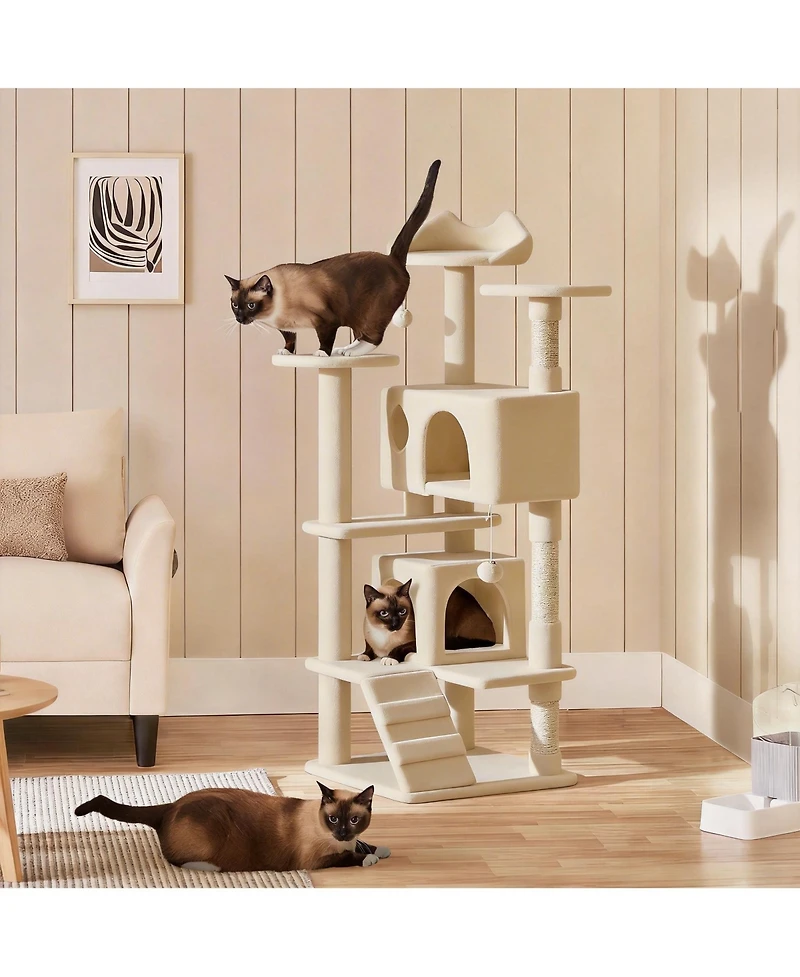 Aronkl Multi-level Cat Tree Tower with Cat-ear Perch 2 Caves Sisal Posts Climbing Ladder Replaceable Balls Pet Activity Center