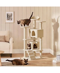 Aronkl Multi-level Cat Tree Tower with Cat-ear Perch 2 Caves Sisal Posts Climbing Ladder Replaceable Balls Pet Activity Center