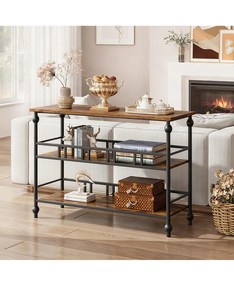 Yigii 43" Console Table 3-Tier Entryway Narrow Sofa Side Shelves Living Room Hallway Bedroom Rustic Brown