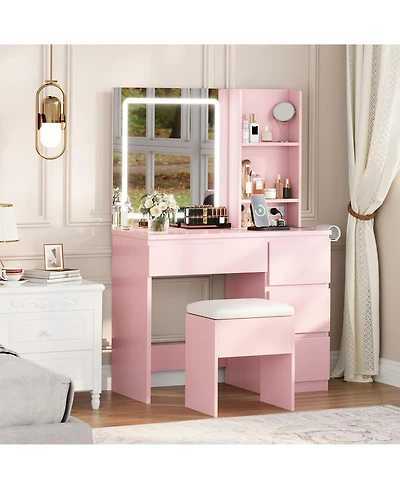gaomon Makeup Vanity Desk Set with 3-Color Lighted Mirror, 4 Drawers