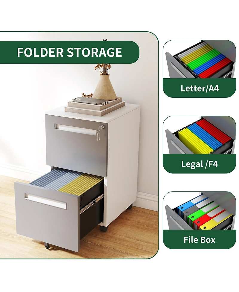 Rainsken 2-Drawer Mobile File Cabinet with Lock, Metal Storage Cabinet on 360° Wheels for Home Office Organizer, Holds A4/Letter/Legal Files