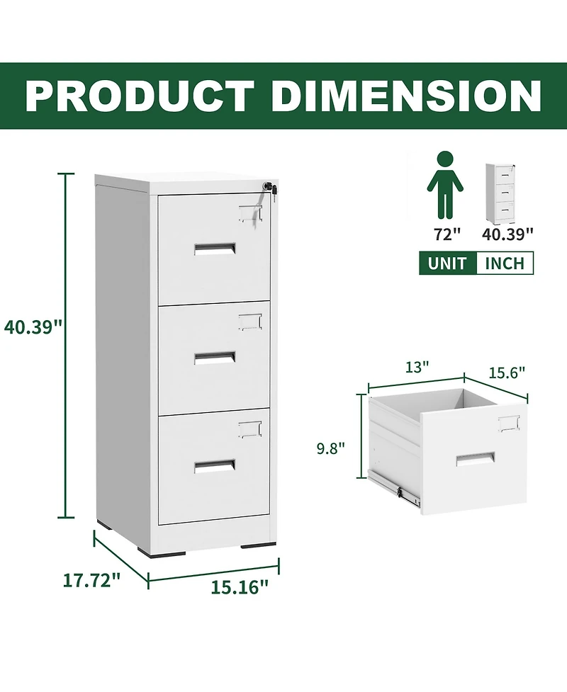 Rainsken 3 Drawer Metal Vertical File Cabinet, Lockable Filing Cabinet with Card Slot, Storage Cabinet for Home Office, Holds A4/Letter/Legal Files