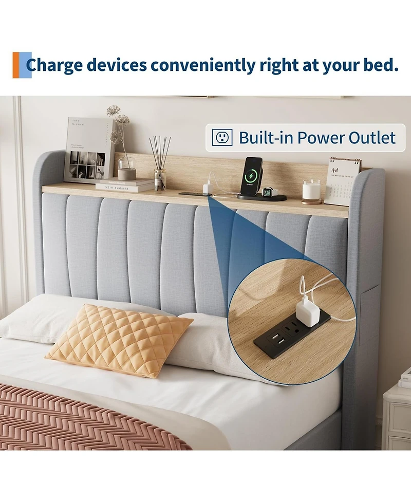 gaomon Bed Frame Upholstered With Storage Headboard Drawers Charging Platform Bed Wooden Slats