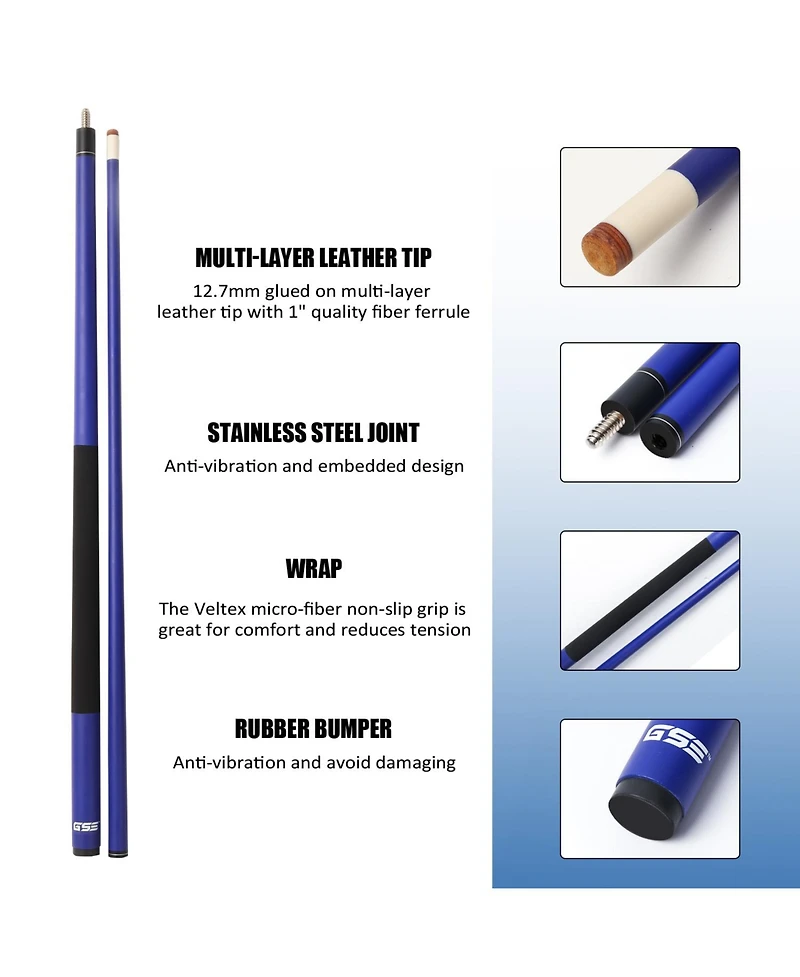 Gse Games & Sports Expert 58" 2-Piece Matte Blue Fiberglass Graphite Composite Billiard Pool Cue Stick