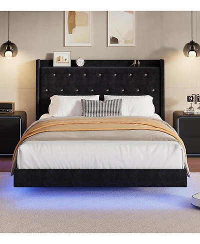 gaomon Floating Bed Frame with Led Lights, Velvet Upholstered Platform, Storage Headboard