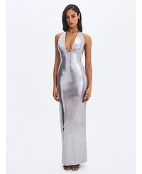 Miss Circle Women's Valeska Silver Foil Plunging Sheath Maxi Dress