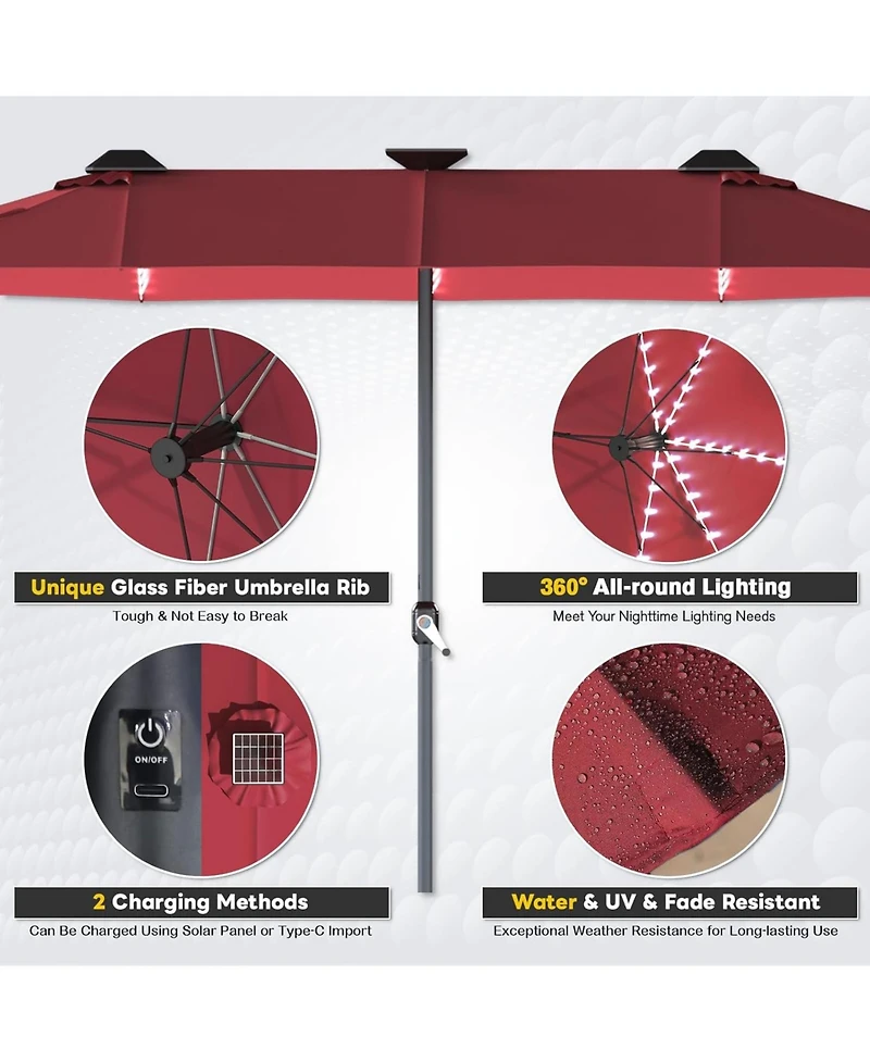 Aecojoy 15ft Double-Sided Patio Umbrella with Solar Lights with Base Include Crank Handle|156 Piece Led Lights