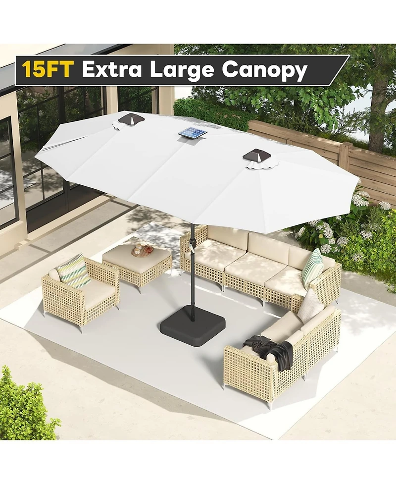 Aecojoy 15ft Double-Sided Patio Umbrella with Solar Lights Base Include Crank Handle|156 Piece Led