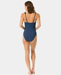 CeCe Women's Scoop Neck Contrast Ruffle One-Piece Swimsuit