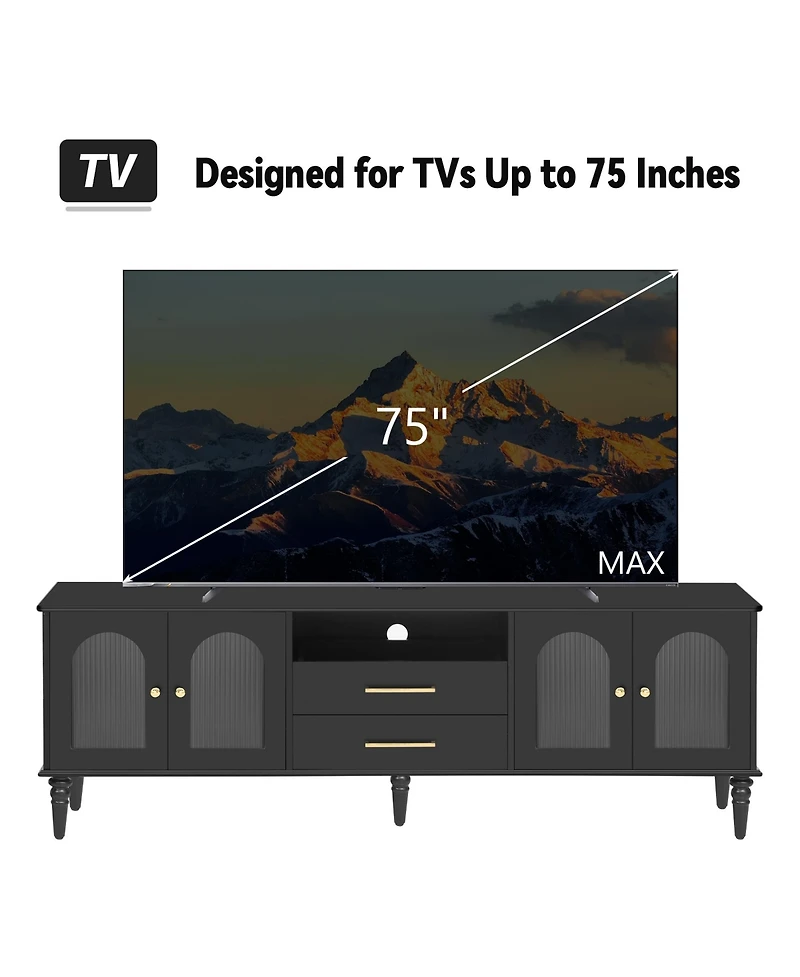 Streamdale Furniture 68.9" Retro Tv Stand - Fluted Glass Doors, Wood Legs