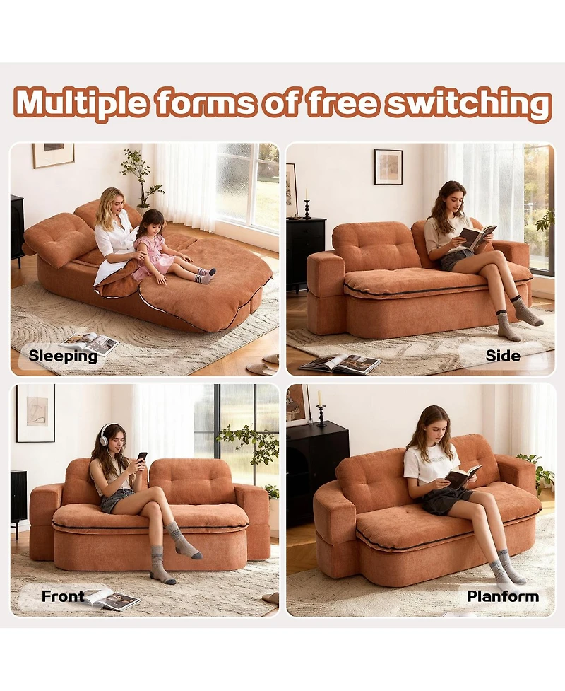 Streamdale Furniture Modern Floor Sofa with 2 Pillows, Convertible Corduroy Sleeper Sofa Bed