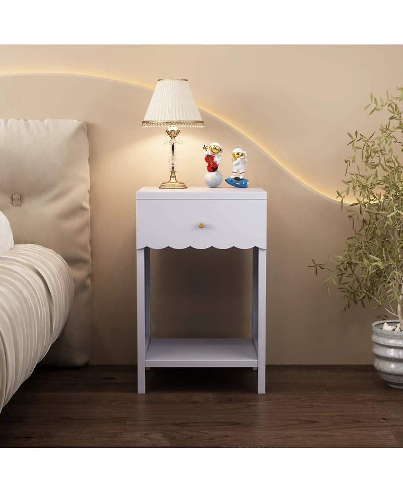 Streamdale Furniture Modern Nightstand with Drawer and Open Shelf, Scalloped Edge Bedside Table
