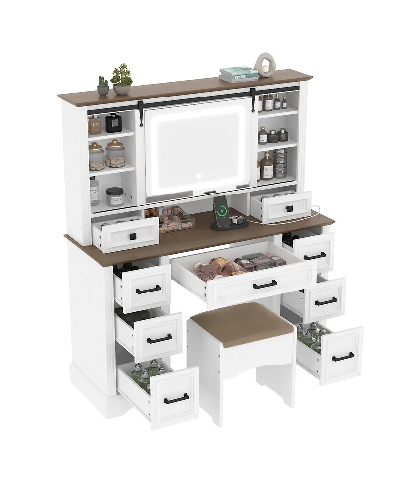 Streamdale Farmhouse Makeup Vanity Desk with Sliding Mirror, Led Lights, Stool & 9 Drawers