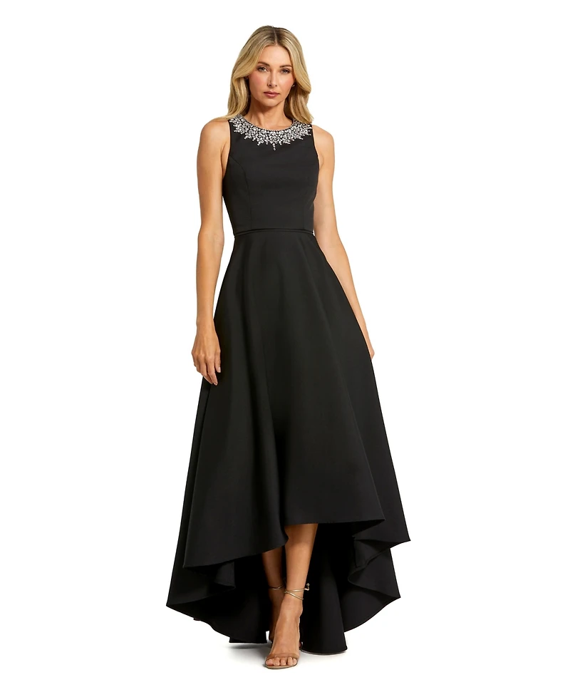 Mac Duggal Petite Crepe Embellished Neck High Low Gown