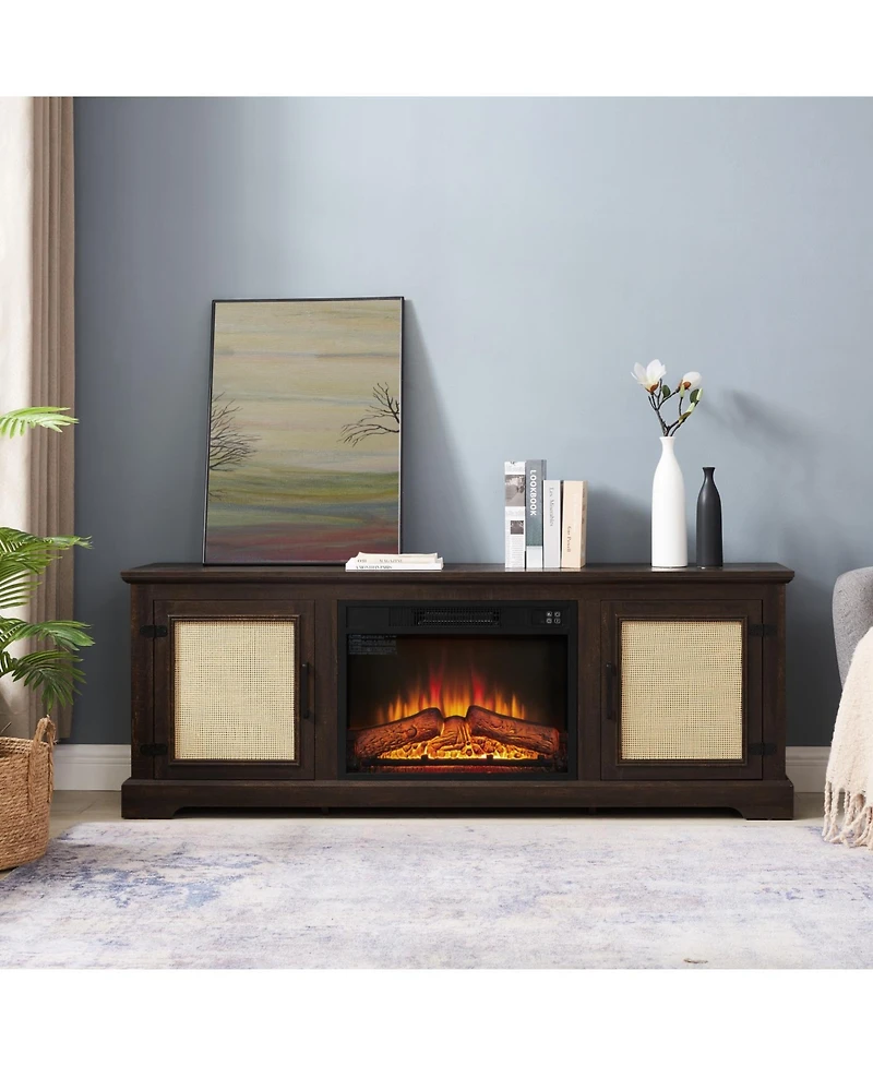 Streamdale Furniture Natural Rattan Door Cabinet with Adjustable Shelf Wood, Farmhouse Rattan Tv Stand Console Table for TVs up to 70 Inches, Storage