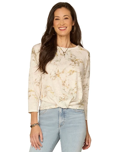 Democracy Petite Boat Neck Floral Embroidered Top