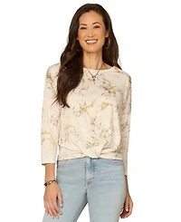 Democracy Petite Boat Neck Floral Embroidered Top