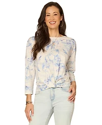 Democracy Petite Boat Neck Floral Embroidered Top
